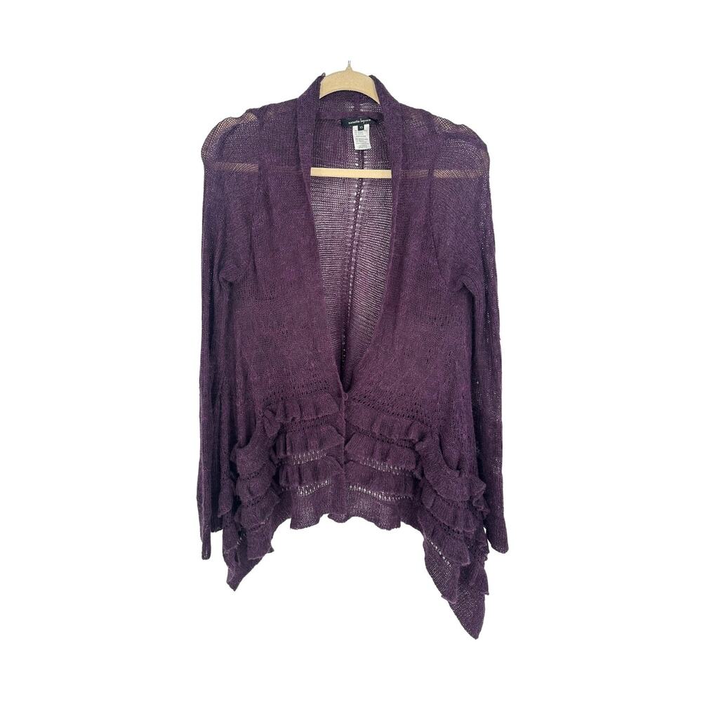 Nanette Lepore Cardigan Sweater Womens XS Purple Alpaca Merino Wool Ruffle Knit